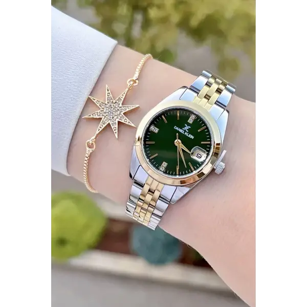 Daniel Klein DKISTE1242 Kadranı Yeşil Kordonu Gold Gümüş Renk Hediye Paketli Kadın Kol Saati ve Bileklik