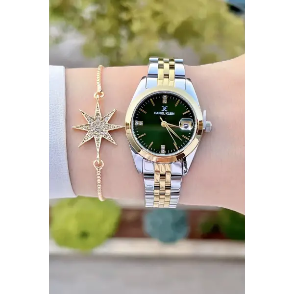 Daniel Klein DKISTE1242 Kadranı Yeşil Kordonu Gold Gümüş Renk Hediye Paketli Kadın Kol Saati ve Bileklik