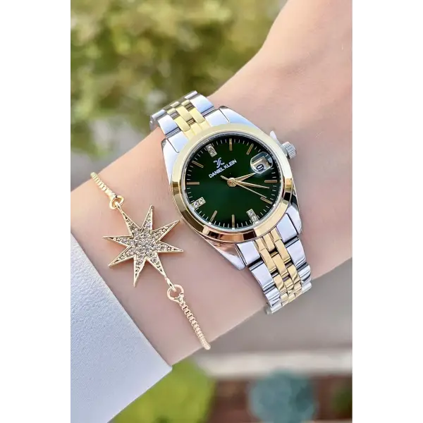 Daniel Klein DKISTE1242 Kadranı Yeşil Kordonu Gold Gümüş Renk Hediye Paketli Kadın Kol Saati ve Bileklik