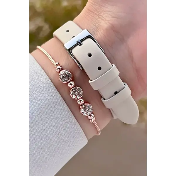 Daniel Klein DKISTE1328 Kasası Rose Gümüş Kordonu Krem Renk Hediye Paketli Kadın Kol Saati ve Bileklik