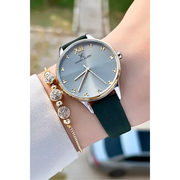 Daniel Klein DKISTE1332 Kasası Gold Gümüş Kordonu Yeşil Renk Hediye Paketli Kadın Kol Saati ve Bileklik