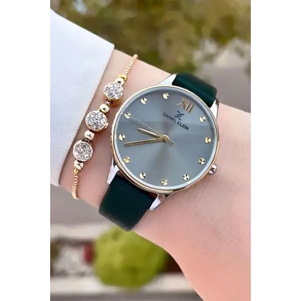 Daniel Klein DKISTE1332 Kasası Gold Gümüş Kordonu Yeşil Renk Hediye Paketli Kadın Kol Saati ve Bileklik