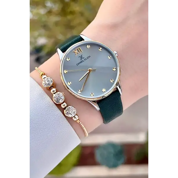Daniel Klein DKISTE1332 Kasası Gold Gümüş Kordonu Yeşil Renk Hediye Paketli Kadın Kol Saati ve Bileklik