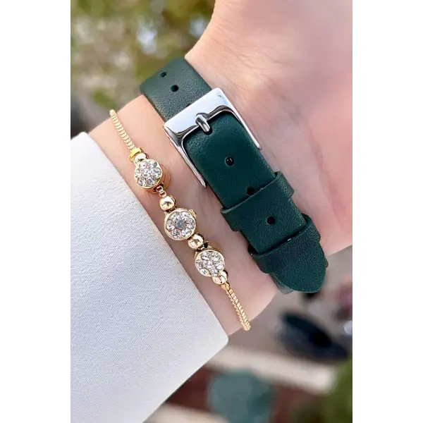 Daniel Klein DKISTE1332 Kasası Gold Gümüş Kordonu Yeşil Renk Hediye Paketli Kadın Kol Saati ve Bileklik