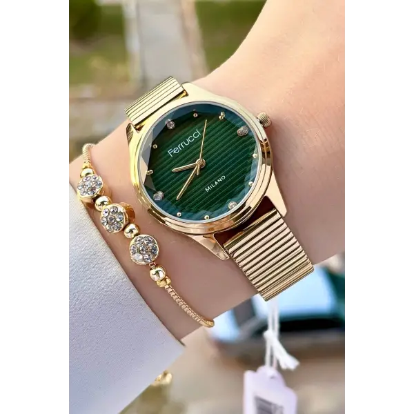 Ferrucci FCISTE302 Kadranı Yeşil Kordonu Gold Renk Hediye Paketli Kadın Kol Saati ve Bileklik
