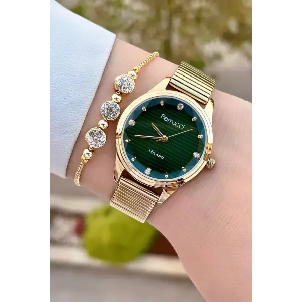 Ferrucci FCISTE302 Kadranı Yeşil Kordonu Gold Renk Hediye Paketli Kadın Kol Saati ve Bileklik