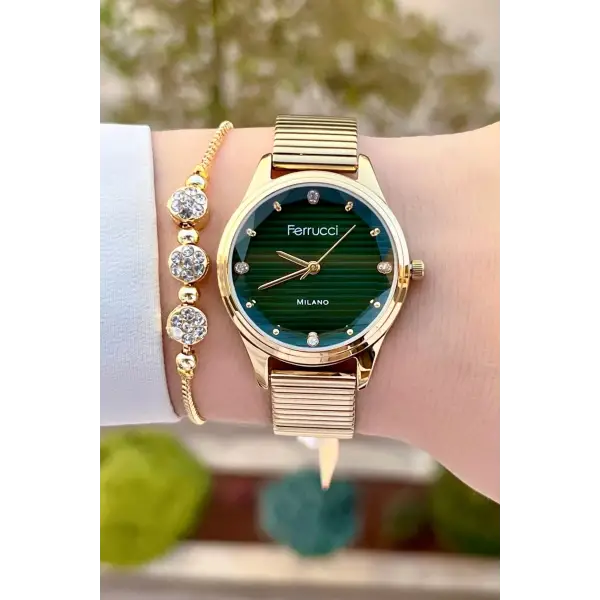 Ferrucci FCISTE302 Kadranı Yeşil Kordonu Gold Renk Hediye Paketli Kadın Kol Saati ve Bileklik