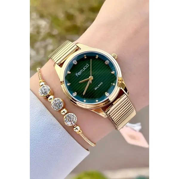 Ferrucci FCISTE302 Kadranı Yeşil Kordonu Gold Renk Hediye Paketli Kadın Kol Saati ve Bileklik