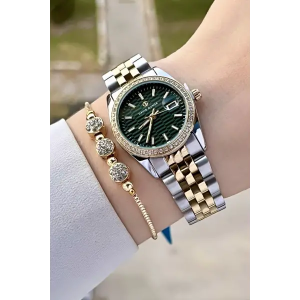 DAVID GUNER DGISTE102 Kadranı Yeşil Kordonu Gold Gümüş Renk Hediye Paketli Kadın Kol Saati ve Bileklik