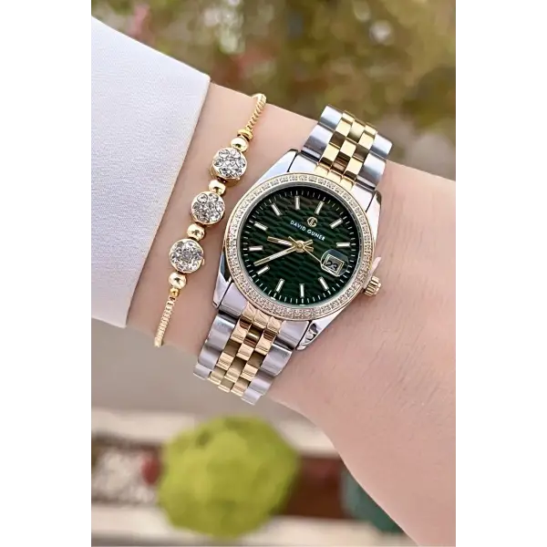 DAVID GUNER DGISTE102 Kadranı Yeşil Kordonu Gold Gümüş Renk Hediye Paketli Kadın Kol Saati ve Bileklik