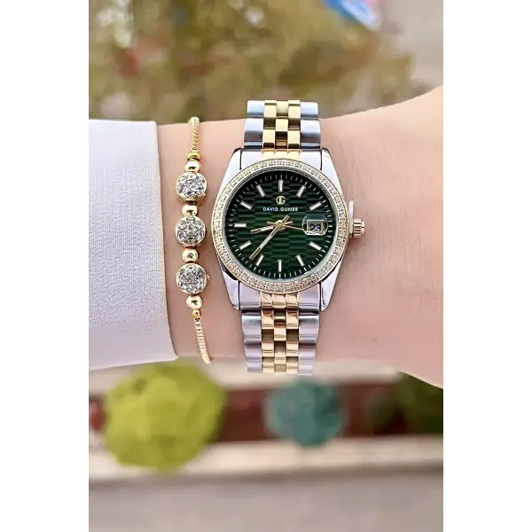 DAVID GUNER DGISTE102 Kadranı Yeşil Kordonu Gold Gümüş Renk Hediye Paketli Kadın Kol Saati ve Bileklik