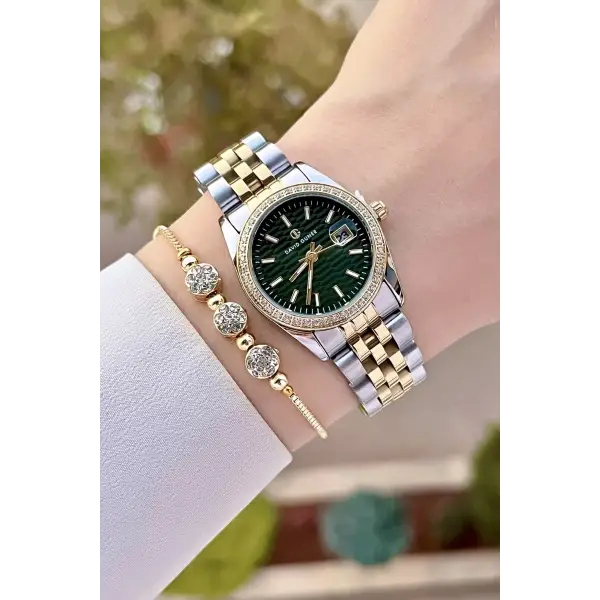 DAVID GUNER DGISTE102 Kadranı Yeşil Kordonu Gold Gümüş Renk Hediye Paketli Kadın Kol Saati ve Bileklik