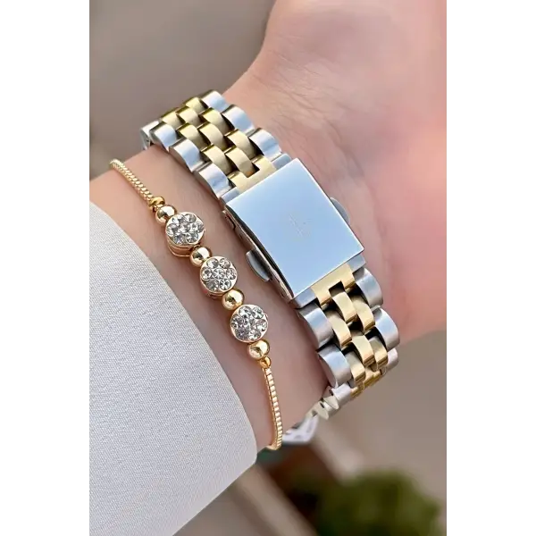 DAVID GUNER DGISTE102 Kadranı Yeşil Kordonu Gold Gümüş Renk Hediye Paketli Kadın Kol Saati ve Bileklik