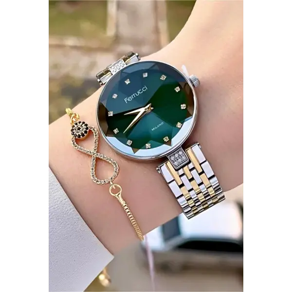 Ferrucci FCISTE312 Kadranı Yeşil Kordonu Gold Gümüş Renk Hediye Paketli Kadın Kol Saati ve Bileklik
