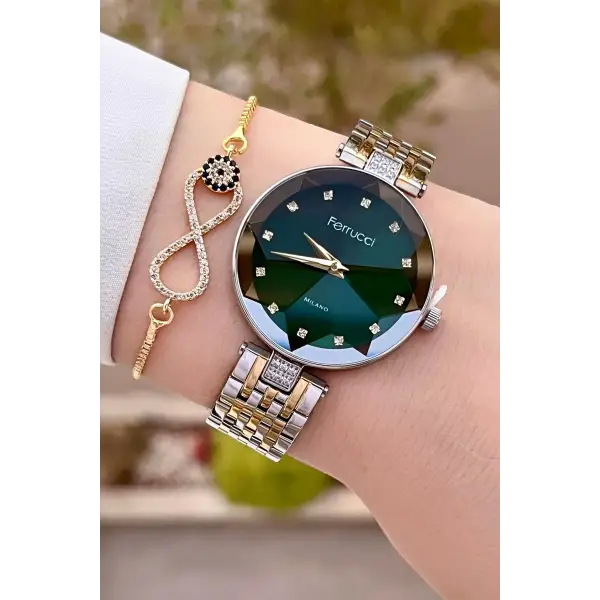 Ferrucci FCISTE312 Kadranı Yeşil Kordonu Gold Gümüş Renk Hediye Paketli Kadın Kol Saati ve Bileklik