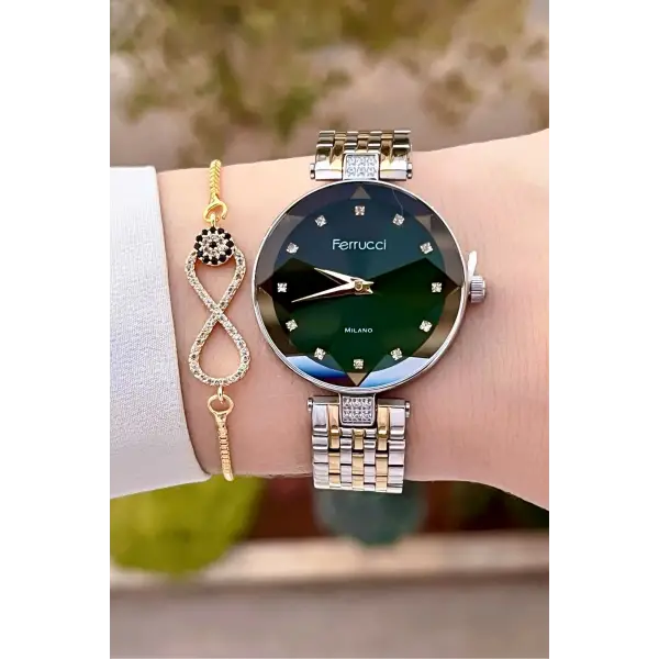 Ferrucci FCISTE312 Kadranı Yeşil Kordonu Gold Gümüş Renk Hediye Paketli Kadın Kol Saati ve Bileklik