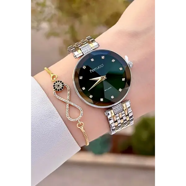 Ferrucci FCISTE312 Kadranı Yeşil Kordonu Gold Gümüş Renk Hediye Paketli Kadın Kol Saati ve Bileklik