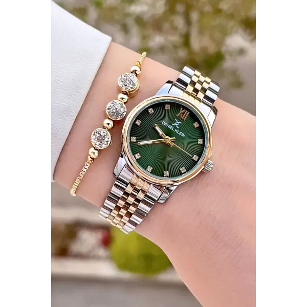 Daniel Klein DKISTE1310 Kadranı Yeşil Gold Gümüş Renk Hediye Paketli Kadın Kol Saati ve Bileklik