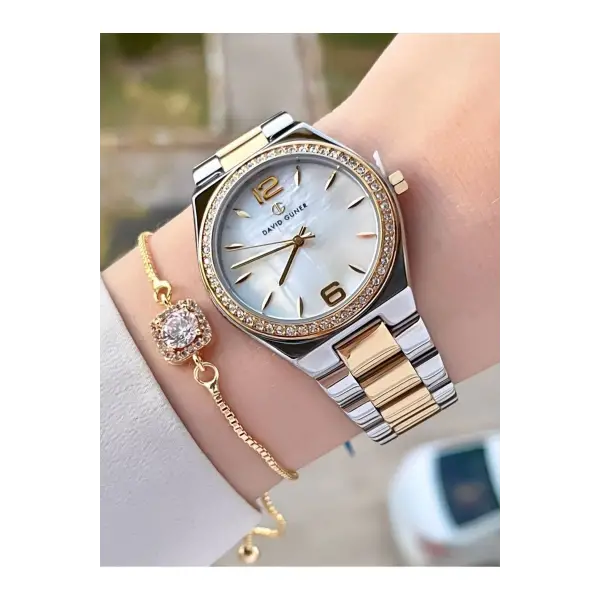 DAVID GUNER DGISTE105 Gold Gümüş Renk Hediye Paketli Kadın Kol Saati ve Bileklik