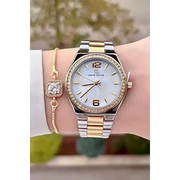 DAVID GUNER DGISTE105 Gold Gümüş Renk Hediye Paketli Kadın Kol Saati ve Bileklik