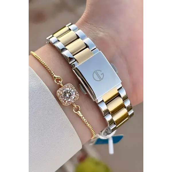 DAVID GUNER DGISTE105 Gold Gümüş Renk Hediye Paketli Kadın Kol Saati ve Bileklik