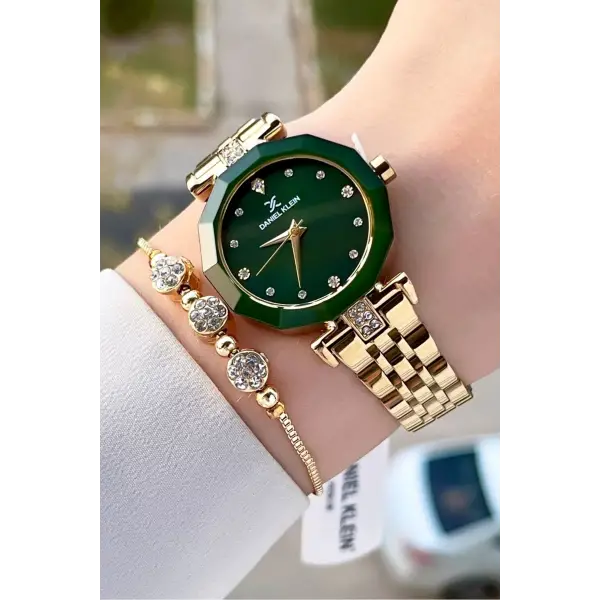 Daniel Klein DKISTE1311 Kadranı Yeşil Gold Renk Hediye Paketli Kadın Kol Saati ve Bileklik