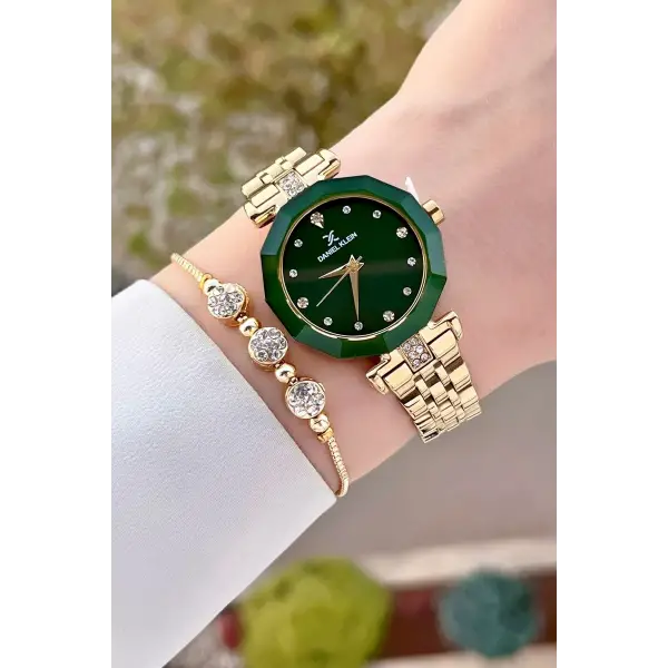 Daniel Klein DKISTE1311 Kadranı Yeşil Gold Renk Hediye Paketli Kadın Kol Saati ve Bileklik