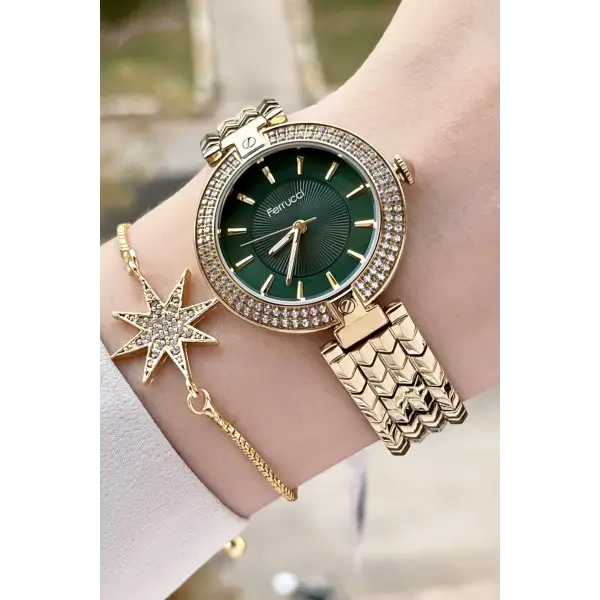 Ferrucci FCISTE301 Kadranı Yeşil Kordonu Gold Renk Hediye Paketli Kadın Kol Saati ve Bileklik