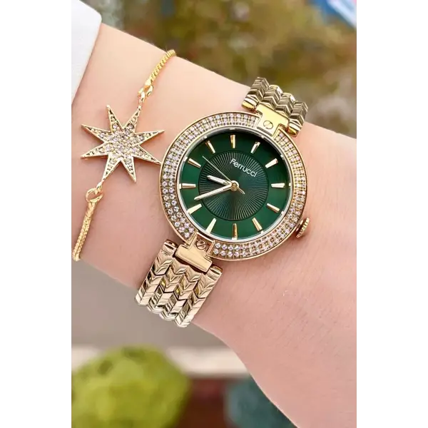 Ferrucci FCISTE301 Kadranı Yeşil Kordonu Gold Renk Hediye Paketli Kadın Kol Saati ve Bileklik