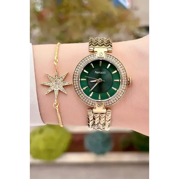 Ferrucci FCISTE301 Kadranı Yeşil Kordonu Gold Renk Hediye Paketli Kadın Kol Saati ve Bileklik