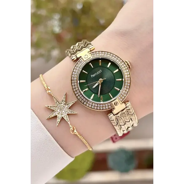 Ferrucci FCISTE301 Kadranı Yeşil Kordonu Gold Renk Hediye Paketli Kadın Kol Saati ve Bileklik