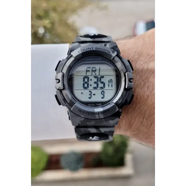 Daniel Klein DKISTE1358 Gri Kamuflaj Renk Alarm Kronometre ve Işıklı Dijital Hediye Paketli Erkek Kol Saati