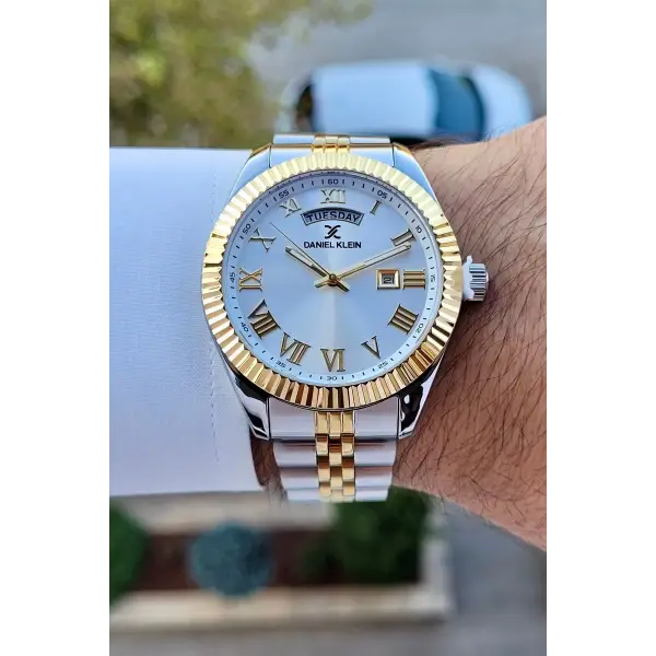 Daniel Klein DKISTE1398 Gold Gümüş Renk Takvim ve Gün Fonksiyonlu Hediye Paketli Erkek Kol Saati