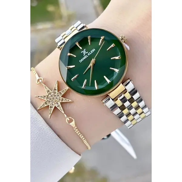 Daniel Klein DKISTE1409 Kadranı Yeşil Kordonu Gold Gümüş Renk Hediye Paketli Kadın Kol Saati ve Bileklik