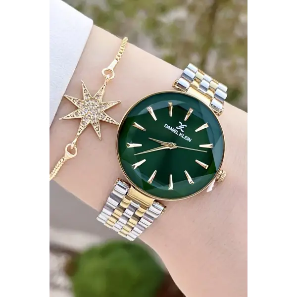 Daniel Klein DKISTE1409 Kadranı Yeşil Kordonu Gold Gümüş Renk Hediye Paketli Kadın Kol Saati ve Bileklik