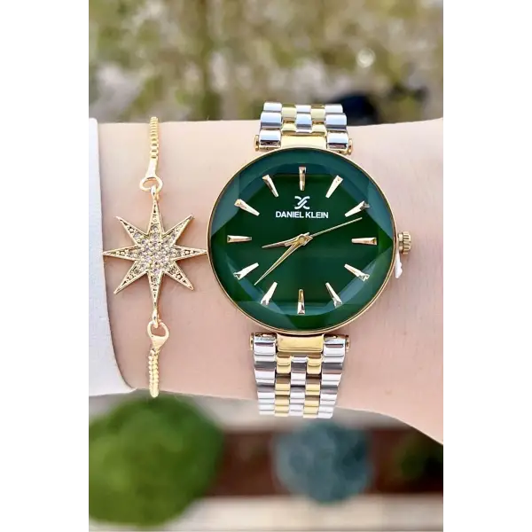 Daniel Klein DKISTE1409 Kadranı Yeşil Kordonu Gold Gümüş Renk Hediye Paketli Kadın Kol Saati ve Bileklik