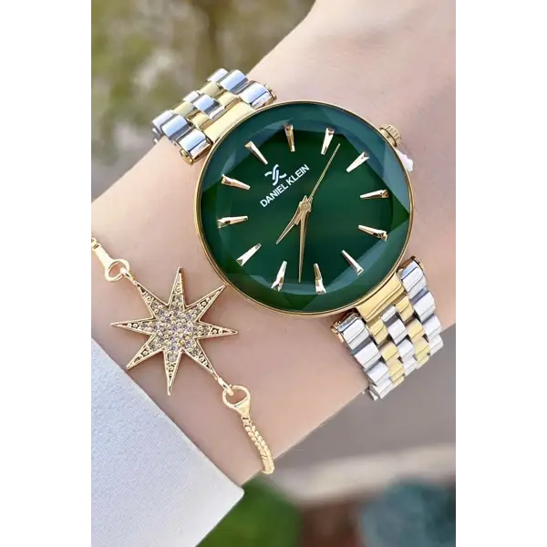 Daniel Klein DKISTE1409 Kadranı Yeşil Kordonu Gold Gümüş Renk Hediye Paketli Kadın Kol Saati ve Bileklik
