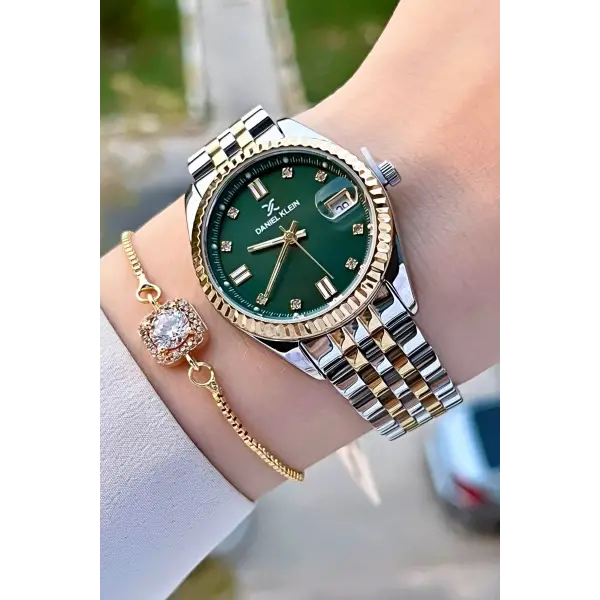 Daniel Klein DKISTE1408 Kadranı Yeşil Kordonu Gold Gümüş Renk Hediye Paketli Kadın Kol Saati + Bileklik