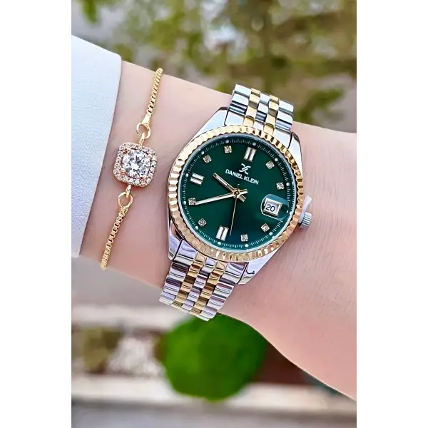 Daniel Klein DKISTE1408 Kadranı Yeşil Kordonu Gold Gümüş Renk Hediye Paketli Kadın Kol Saati + Bileklik