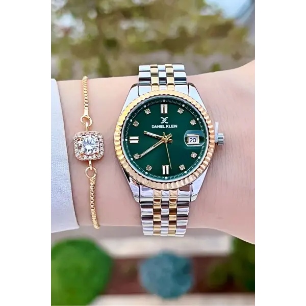 Daniel Klein DKISTE1408 Kadranı Yeşil Kordonu Gold Gümüş Renk Hediye Paketli Kadın Kol Saati + Bileklik