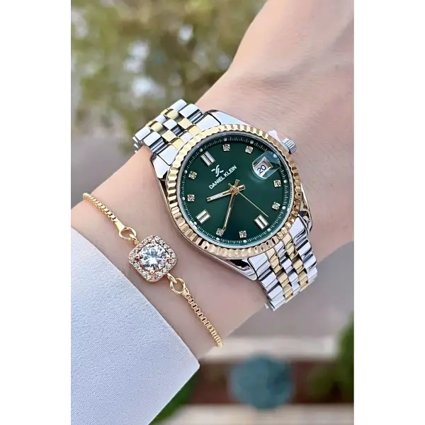 Daniel Klein DKISTE1408 Kadranı Yeşil Kordonu Gold Gümüş Renk Hediye Paketli Kadın Kol Saati + Bileklik
