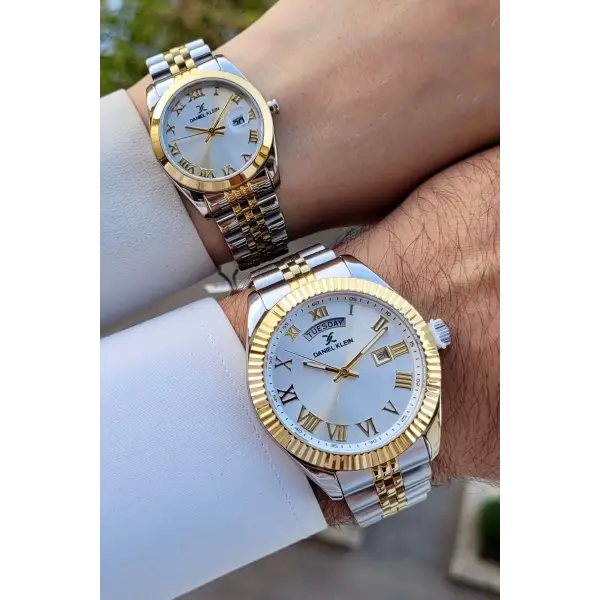Daniel Klein DKISTE1401 Gold Gümüş Renk Takvim ve Gün Fonksiyonlu Hediye Paketli Sevgili Çift Kol Saati