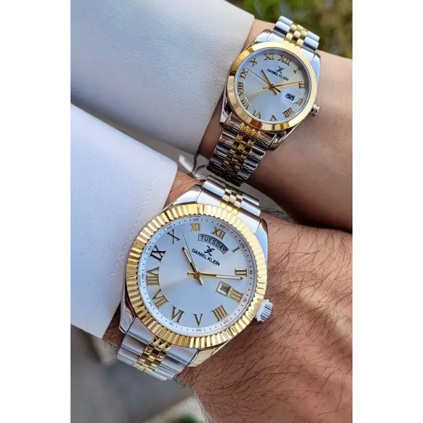 Daniel Klein DKISTE1401 Gold Gümüş Renk Takvim ve Gün Fonksiyonlu Hediye Paketli Sevgili Çift Kol Saati