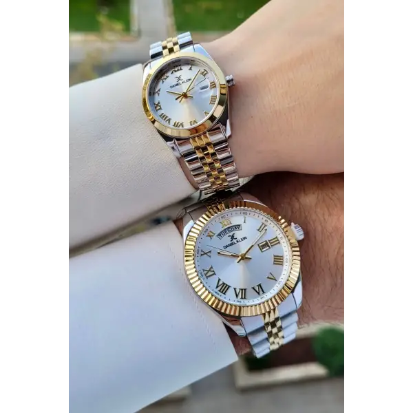 Daniel Klein DKISTE1401 Gold Gümüş Renk Takvim ve Gün Fonksiyonlu Hediye Paketli Sevgili Çift Kol Saati