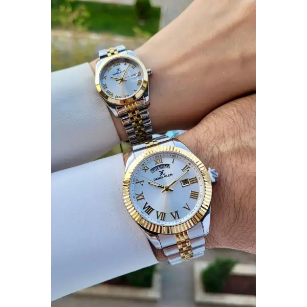 Daniel Klein DKISTE1401 Gold Gümüş Renk Takvim ve Gün Fonksiyonlu Hediye Paketli Sevgili Çift Kol Saati