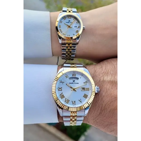Daniel Klein DKISTE1401 Gold Gümüş Renk Takvim ve Gün Fonksiyonlu Hediye Paketli Sevgili Çift Kol Saati