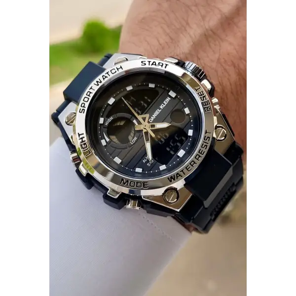 Daniel Klein DKISTE1383 Gümüş Siyah Renk Analog Dijital Hediye Paketli Erkek Kol Saati
