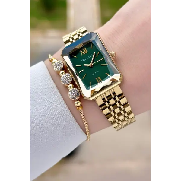 Ferrucci FCISTE319 Kadranı Yeşil Korodnu Gold Renk Kadın Kol Saati ve Bileklik