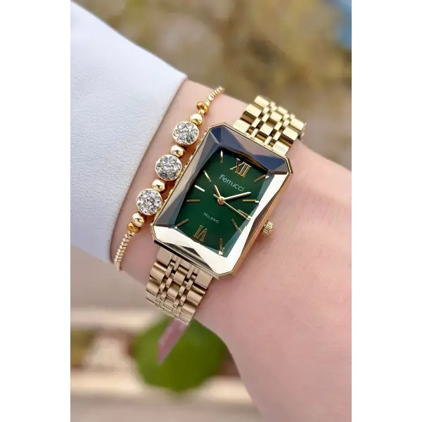 Ferrucci FCISTE319 Kadranı Yeşil Korodnu Gold Renk Kadın Kol Saati ve Bileklik
