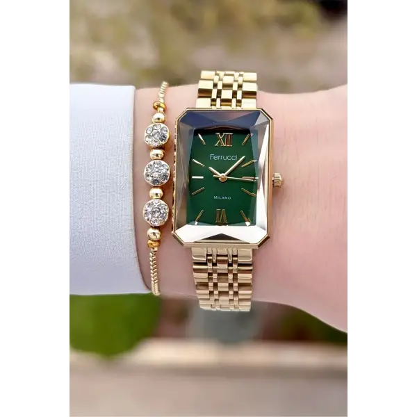 Ferrucci FCISTE319 Kadranı Yeşil Korodnu Gold Renk Kadın Kol Saati ve Bileklik